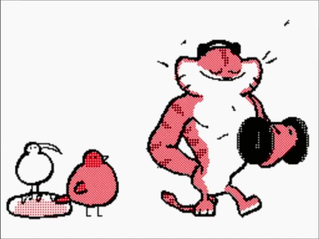 animated anthro avian baguette beak bird bounce bow bread english_text feline flipnote food french_text fur headphones keke laugh mammal music red_fur simple_background sweat text tiger weights