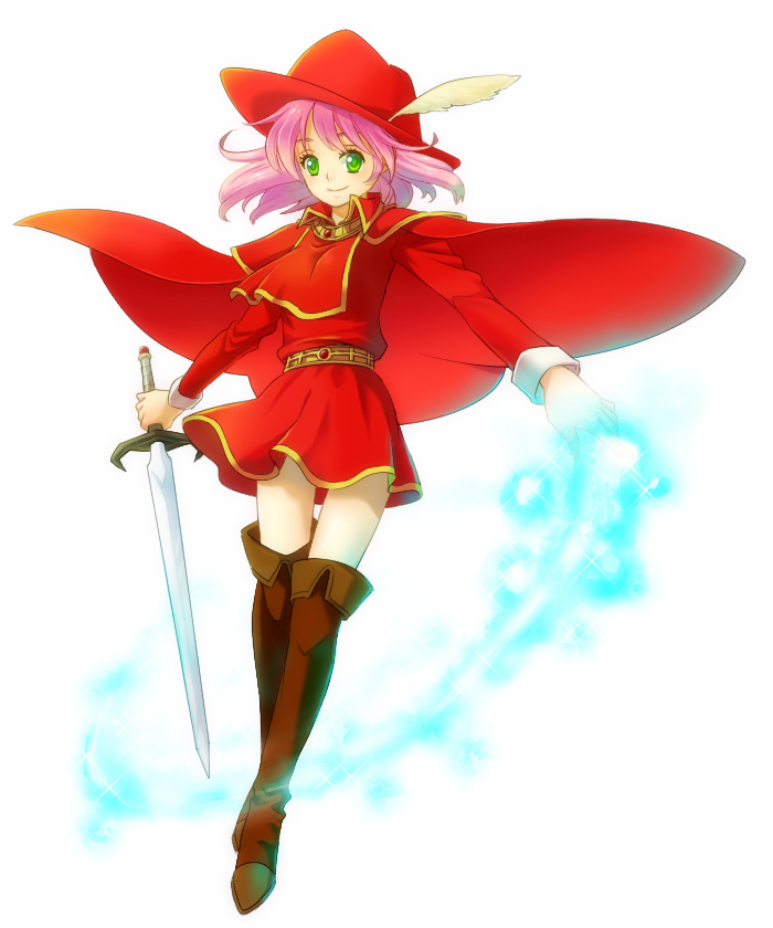alternate_costume boots cape cinnamon1445 final_fantasy final_fantasy_v green_eyes hat lenna_charlotte_tycoon magic pink_hair red_mage short_hair solo sword thigh_boots thighhighs weapon zettai_ryouiki