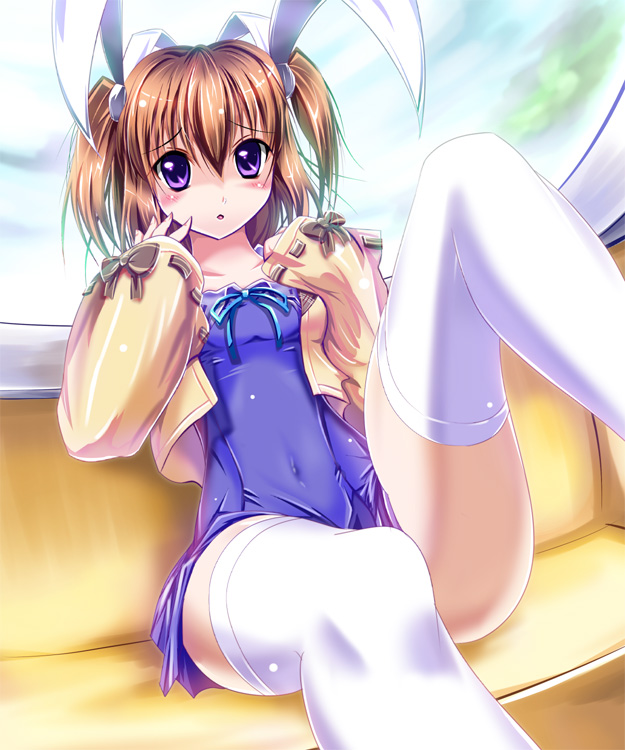 aizawa_tomomi bad_id bad_pixiv_id blush bow brown_hair hair_ribbon legs long_sleeves one-piece_swimsuit pia_carrot_(series) pia_carrot_e_youkoso!!_3 purple_eyes ribbon school_swimsuit see-through solo swimsuit swimsuit_under_clothes sys.ao thighhighs twintails white_legwear