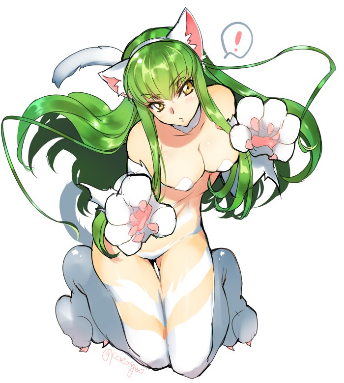 1girl animal_ears breasts c.c. cat_ears cat_paws cat_tail cleavage code_geass cosplay creayus fake_animal_ears felicia felicia_(cosplay) green_hair large_breasts long_hair looking_at_viewer pasties paws simple_background solo spoken_exclamation_mark tail thighhighs twitter_username vampire_(game) white_background white_legwear yellow_eyes