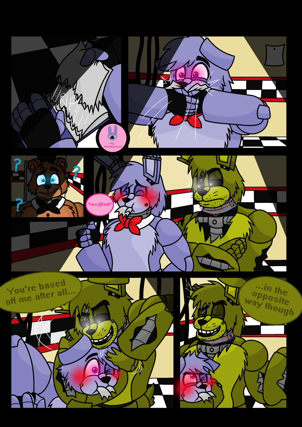 2015 animatronic avj_(artist) bear bonnie_(fnaf) comic five_nights_at_freddy's five_nights_at_freddy's_3 freddy_(fnaf) glowing glowing_eyes lagomorph machine mammal rabbit robot springtrap_(fnaf) video_games