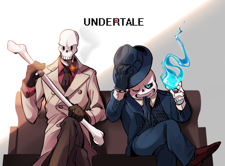 animated_skeleton blue_fire bone cigar clothed clothing digital_media_(artwork) fedora footwear gloves hat hi_res jacket male melee_weapon monster necktie papyrus_(undertale) sans_(undertale) shoes skeleton smile teeth undead undermafia undertale unknown_artist video_games weapon