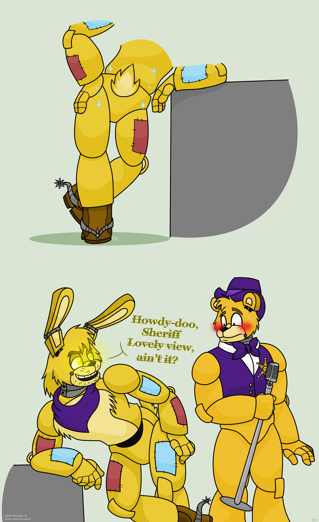 2016 animatronic avj_(artist) five_nights_at_freddy's five_nights_at_freddy's_3 fredbear_(fnaf) glowing glowing_eyes lagomorph machine mammal rabbit robot springtrap_(fnaf) video_games