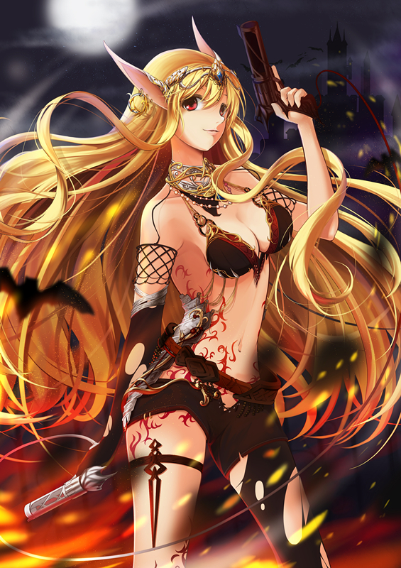 blonde_hair bra breasts chain_chronicle cleavage gun holding holding_gun holding_weapon lancefate long_hair looking_at_viewer medium_breasts navel pointy_ears red_eyes shorts solo underwear very_long_hair weapon