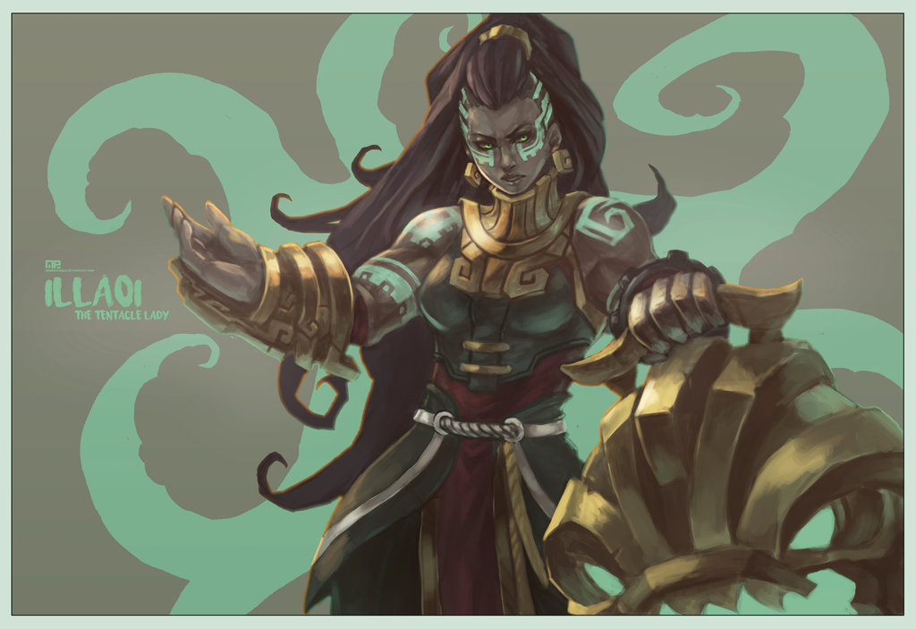 bare_shoulders brown_background brown_hair character_name dark_skin deviantart_sample earrings facial_tattoo green_eyes illaoi image_sample jewelry league_of_legends long_hair monori_rogue ponytail solo tattoo tentacles