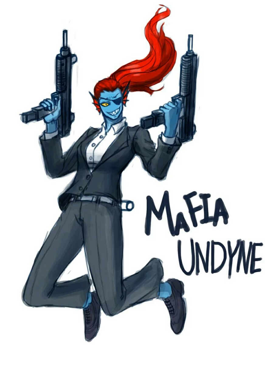 clothed clothing eye_patch eyewear female fish footwear gun hair marine monster ranged_weapon red_hair smile stroberry_oatmeal submachine_gun suit text undermafia undertale undyne uzi video_games weapon