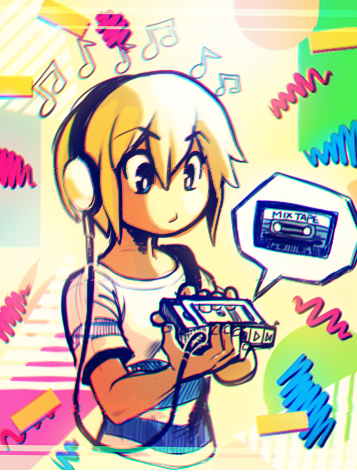 ami_dixie beamed_eighth_notes blonde_hair blue_eyes cassette_player eighth_note headphones looking_down lowres multicolored multicolored_background musical_note nitrotitan original shirt solo striped striped_shirt tan torso upper_body