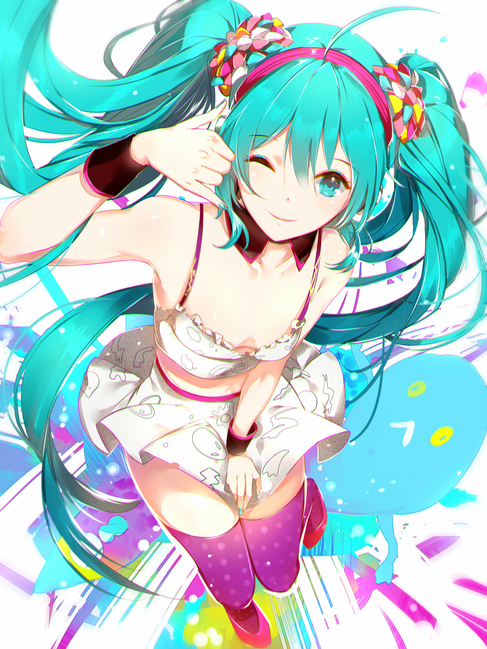 ahoge aqua_eyes aqua_hair bare_arms breasts cleavage detached_collar hairband hatsune_miku highres long_hair looking_at_viewer one_eye_closed phino redial_(vocaloid) skirt small_breasts smile solo spaghetti_strap thighhighs twintails very_long_hair vocaloid wristband zettai_ryouiki