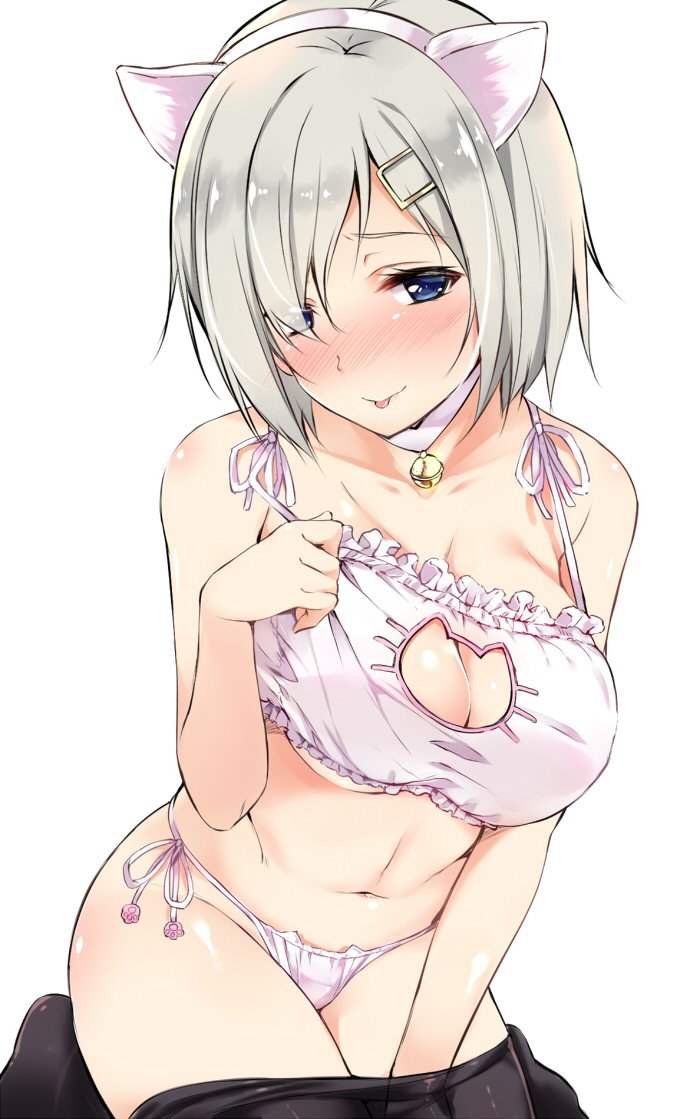 animal_ears bell blue_eyes blush breasts cat_cutout cat_ear_panties cat_ears cat_lingerie cleavage_cutout fake_animal_ears hair_over_one_eye hairband hamakaze_(kantai_collection) jingle_bell kantai_collection large_breasts meme_attire navel nironiro panties pantyhose short_hair side-tie_panties silver_hair solo tongue tongue_out underwear underwear_only white_panties
