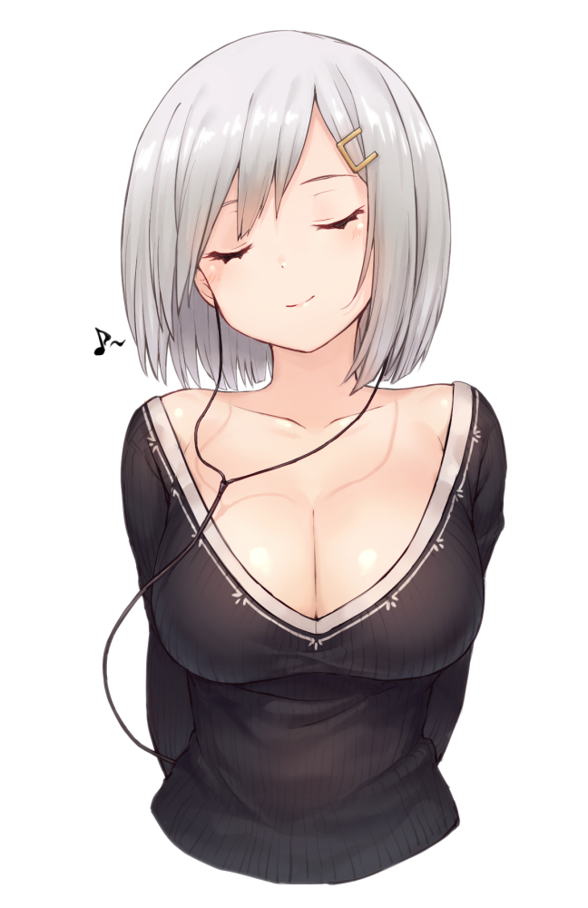 alternate_costume arms_behind_back bangs breasts cleavage closed_eyes collarbone duplicate earphones eighth_note hair_ornament hairclip hamakaze_(kantai_collection) happy kantai_collection large_breasts listening_to_music musical_note nazunakku short_hair silver_hair simple_background smile solo sweater upper_body white_background