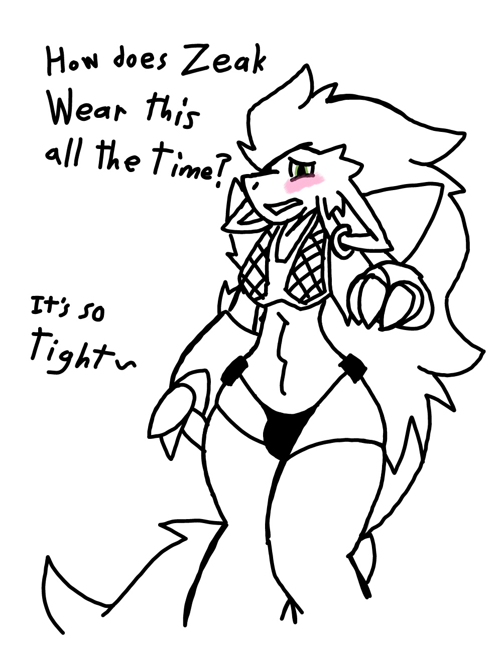 2016 anthro blush canine claws clothing cute ear_piercing english_text fox girly green_eyes hair invalid_background invalid_color johnithanial jon_(johnithanial) long_hair looking_down male mammal monochrome navel nintendo piercing pok&eacute;mon solo standing text thong underwear video_games wide_hips zoroark