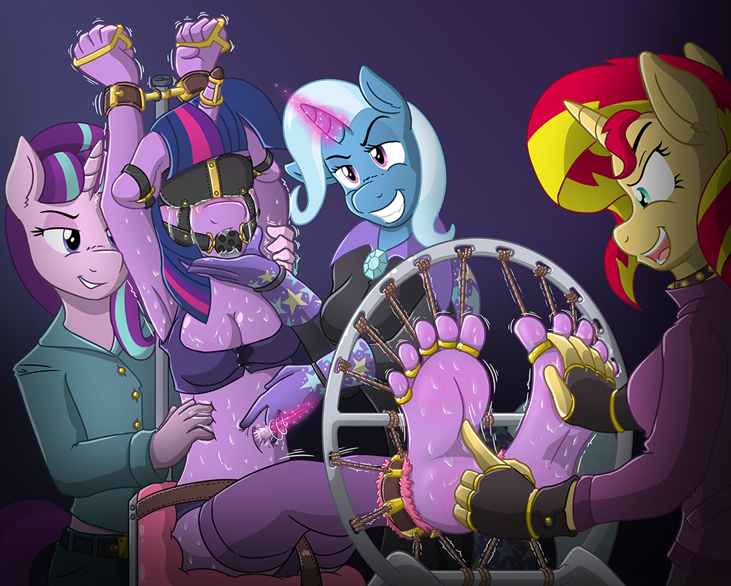 2016 anthro anthrofied armpits ball_gag barefoot bdsm blush bondage bound caroo clothed clothing equestria_girls equine female fingerless_gloves friendship_is_magic fully_clothed gag gagged gloves glowing grin group hair horn humanoid_feet long_hair magic mammal multicolored_hair my_little_pony open_mouth plantigrade restrained soles starlight_glimmer_(mlp) sunset_shimmer_(eg) sweat trixie_(mlp) twilight_sparkle_(mlp) two_tone_hair unicorn