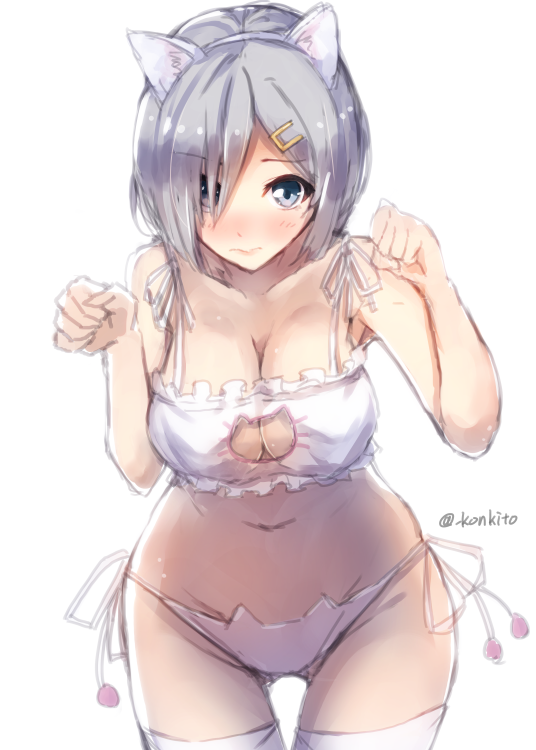 animal_ears blue_eyes blush bra breasts cat_cutout cat_ear_panties cat_ears cat_lingerie cleavage cleavage_cutout eyes_visible_through_hair hair_ornament hair_over_one_eye hairclip hamakaze_(kantai_collection) kantai_collection konkito large_breasts looking_at_viewer meme_attire navel panties paw_pose short_hair side-tie_panties silver_hair sketch solo thighhighs underwear underwear_only white_bra white_legwear white_panties