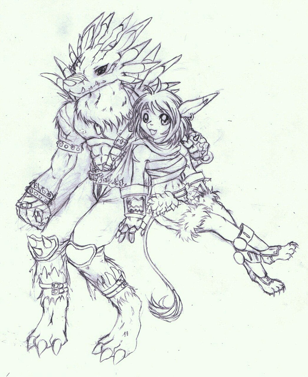 2010 anthro bandage barefoot belt blackweregarurumon claws clothed clothing digimon duo ear_piercing female fur jewelry leomon leomon_x male monochrome necklace nipples open_mouth pants piercing simple_background sitting sketch spikes teeth tigerlily tigerlilylucky toe_claws topless torn_clothing traditional_media_(artwork) white_background
