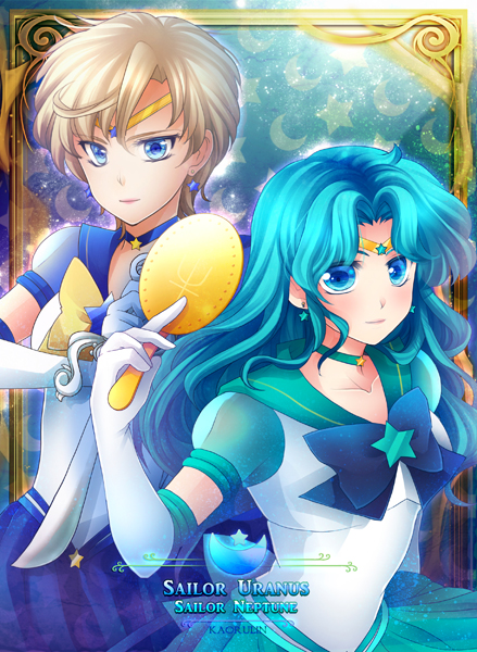 aqua_hair aqua_skirt bishoujo_senshi_sailor_moon blonde_hair blue_bow blue_choker blue_eyes blue_sailor_collar blue_skirt bow brooch character_name choker cowboy_shot deep_aqua_mirror earrings elbow_gloves expressionless fch2009 gloves jewelry kaiou_michiru long_hair looking_at_viewer magical_girl multiple_girls neptune_symbol outer_senshi pleated_skirt puffy_sleeves sailor_collar sailor_neptune sailor_senshi sailor_senshi_uniform sailor_uranus short_hair skirt space_sword star star_choker star_earrings super_sailor_neptune_(stars) super_sailor_uranus_(stars) sword ten'ou_haruka tiara very_short_hair weapon white_gloves yellow_bow