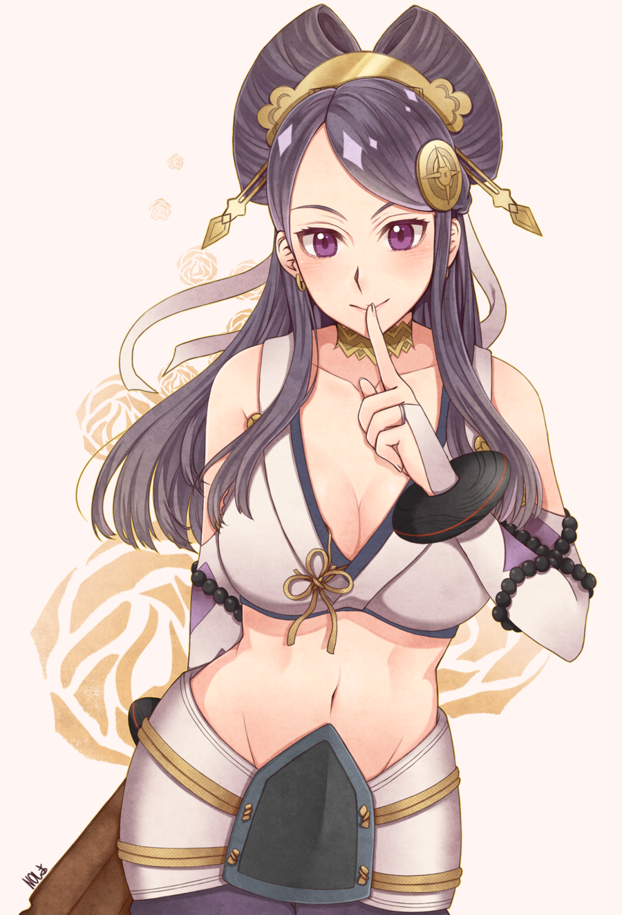 beige_background blush breasts cleavage earrings fire_emblem fire_emblem_if hair_ornament hair_stick hairpods highres jewelry large_breasts long_hair no-shio orochi_(fire_emblem_if) purple_eyes purple_hair simple_background solo