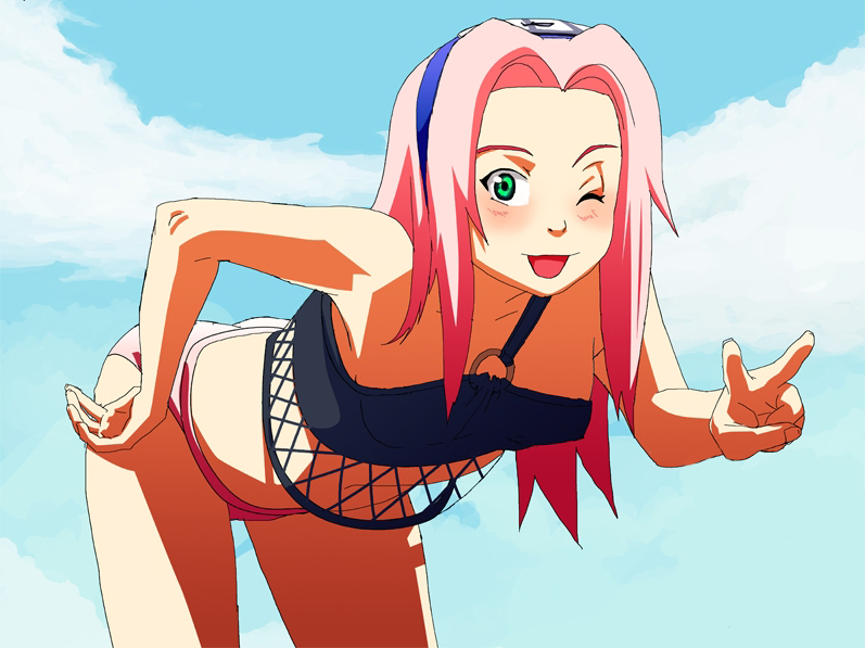 ;d artist_request bare_arms bare_legs bare_shoulders bent_over blue_sky blush breasts cloud cloudy_sky cowboy_shot fishnets forehead_protector green_eyes hand_on_hip hand_up haruno_sakura konohagakure_symbol looking_at_viewer naruto naruto_(series) ninja o-ring o-ring_top one_eye_closed open_mouth outdoors pink_hair sky small_breasts smile solo standing v