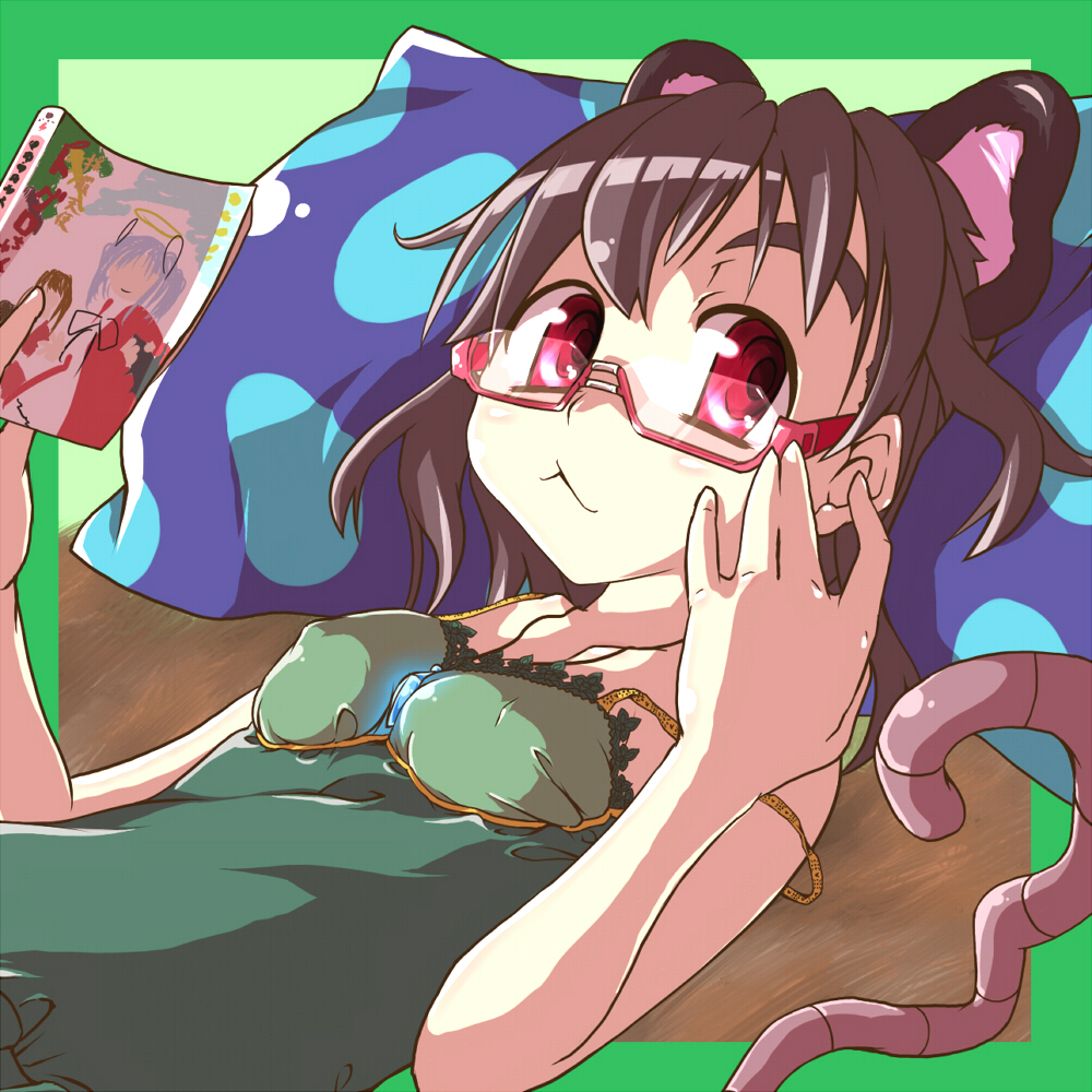 :&lt; animal_ears bespectacled bokusatsu_tenshi_dokuro-chan breasts cameo covered_nipples glasses grey_hair kamelot_(bloodyload01) lying manga_(object) mitsukai_dokuro mouse_ears nazrin reading red_eyes short_hair small_breasts solo tail touhou