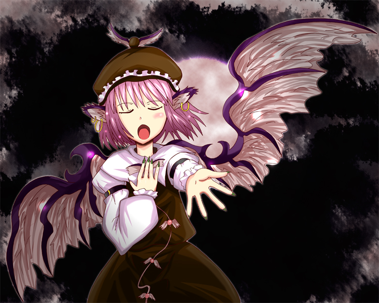 animal_ears apattiudon blush_stickers bow closed_eyes dark earrings fingernails full_moon green_nails hair_bow hat jewelry long_fingernails long_sleeves moon music mystia_lorelei nail_polish outstretched_arm outstretched_hand pink_hair short_hair singing solo touhou wings