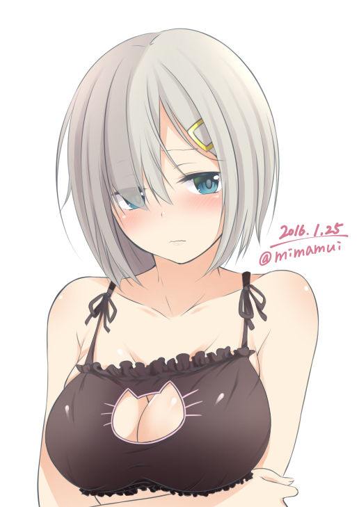 2016 bare_shoulders black_bra blue_eyes bra breast_hold breasts cat_cutout cat_lingerie cleavage cleavage_cutout dated embarrassed eyes_visible_through_hair hair_ornament hair_over_one_eye hairclip hamakaze_(kantai_collection) kantai_collection large_breasts looking_at_viewer meme_attire mimamui short_hair silver_hair simple_background solo underwear upper_body wavy_mouth white_background