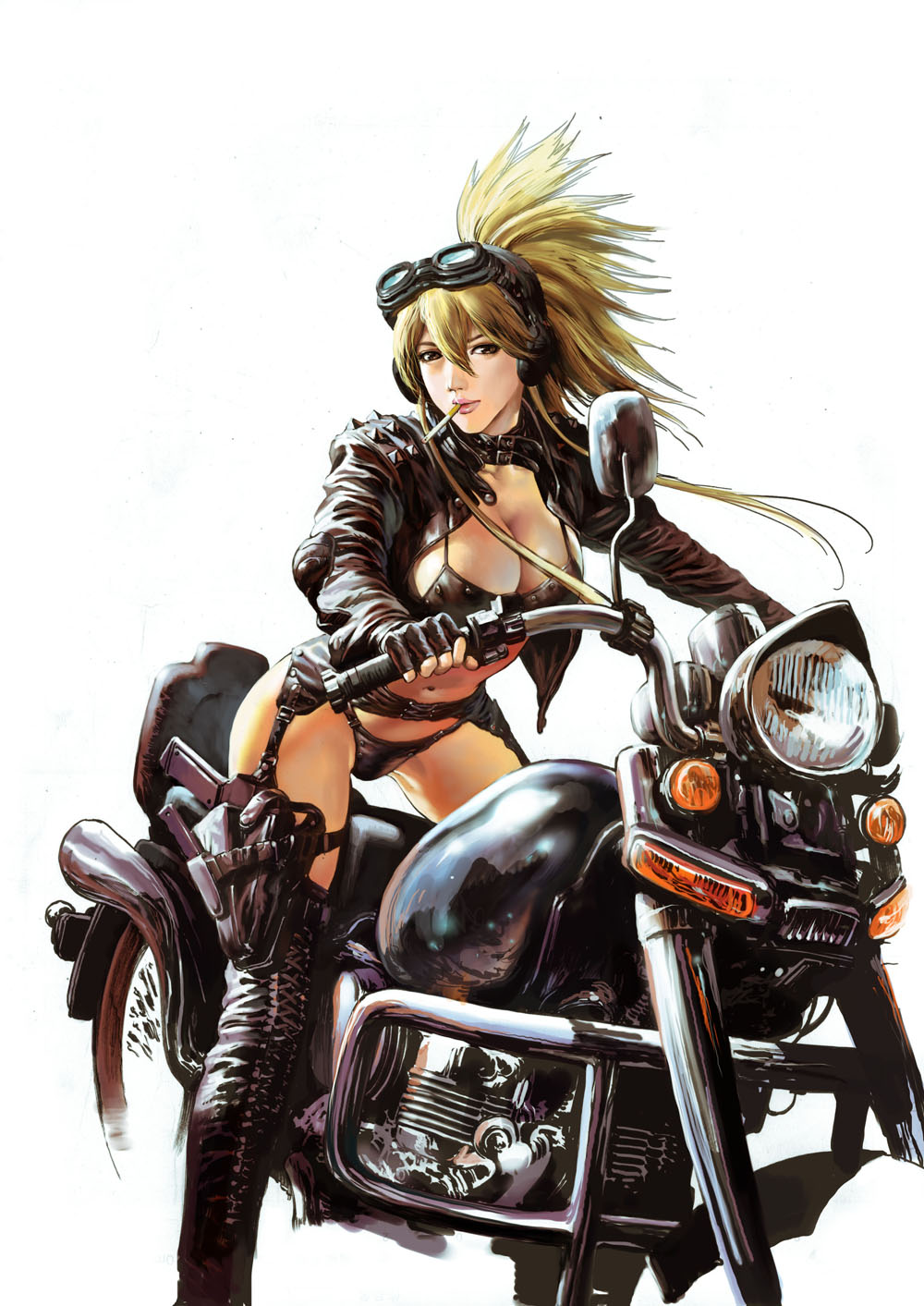 azazel1944 backlighting biker black_bra black_footwear black_gloves black_jacket blonde_hair boots bra breasts cigarette cleavage collar fat_mons fingerless_gloves garter_belt gloves goggles goggles_on_head ground_vehicle gun hair_between_eyes helmet highres hips holster jacket knife large_breasts leather leather_jacket lips looking_at_viewer motor_vehicle motorcycle mouth_hold navel no_pants no_shirt nose original pink_lips shiny shiny_clothes shiny_skin short_hair_with_long_locks sidelocks sideways_glance solo spiked_hair stomach thigh_boots thighhighs thighs underwear weapon yellow_eyes