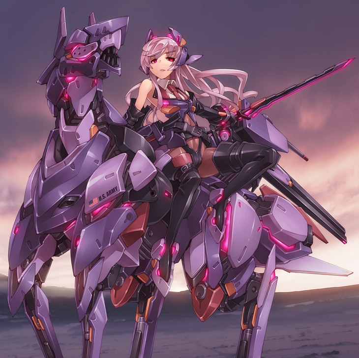 bare_arms black_footwear black_legwear boots g.haruka long_hair mecha navel necktie original parted_lips purple_hair red_eyes riding solo sword thigh_boots thighhighs us_army weapon