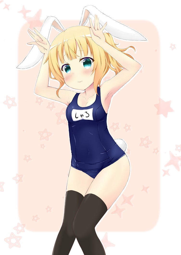 alternate_hairstyle animal_ears armpits bangs bare_arms bare_shoulders black_legwear blonde_hair blue_eyes blunt_bangs blush breasts bunny_ears bunny_pose bunny_tail cleavage collarbone feet_out_of_frame gochuumon_wa_usagi_desu_ka? kirima_sharo knees_together_feet_apart light_smile looking_at_viewer name_tag navel one-piece_swimsuit pink_background school_swimsuit short_hair side_ponytail small_breasts solo standing swimsuit tail tareme thighhighs yasaka_(astray_l)