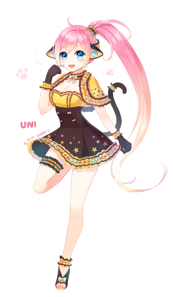 animal_ears black_gloves black_skirt blue_eyes breasts cat_ears cat_tail cleavage commentary_request gloves headphones headset long_hair looking_at_viewer medium_breasts pink_hair skirt smile solo star sugarv tail tattoo uni_(vocaloid) very_long_hair vocaloid