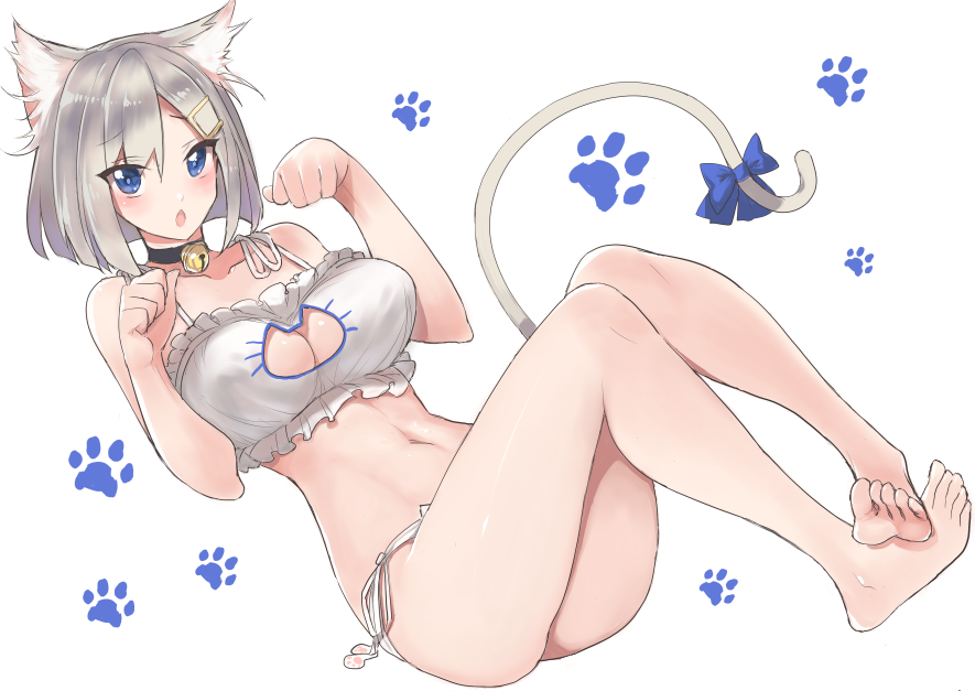 animal_ears barefoot bell bell_collar blue_eyes blush bra breasts cat_cutout cat_ear_panties cat_ears cat_lingerie chestnut_mouth cleavage_cutout collar feet hair_ornament hair_over_one_eye hairclip hamakaze_(kantai_collection) jingle_bell kantai_collection large_breasts meme_attire navel open_mouth panties paw_pose paw_print sensen short_hair side-tie_panties silver_hair simple_background solo tail toes underwear white_background