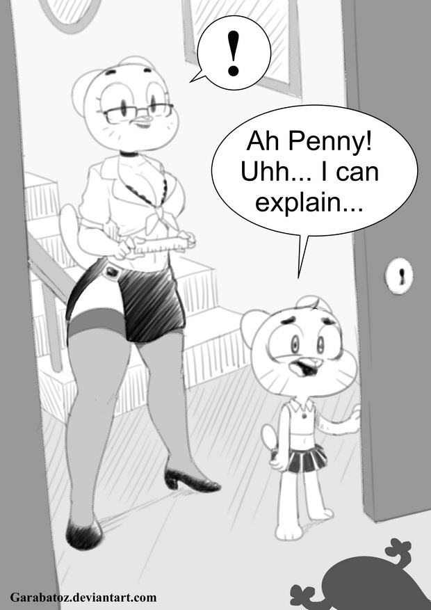anthro boyfriend breasts cat caught cleavage clothed clothing crossdressing english_text eyewear feline female fur garabatoz girlfriend glasses gumball_watterson horn legwear mammal mature_female mother nicole_watterson parent penny_fitzgerald ruler shadow shapeshifter size_difference skirt son stockings text the_amazing_world_of_gumball