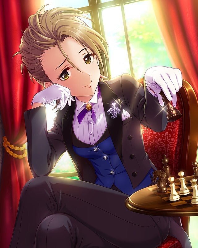 artist_request board_game bow bowtie brown_hair chess formal gloves green_eyes idolmaster idolmaster_cinderella_girls kimura_natsuki lapel_pin non-web_source official_art reverse_trap short_hair sitting smile solo sparkle suit tailcoat tuxedo waistcoat white_gloves