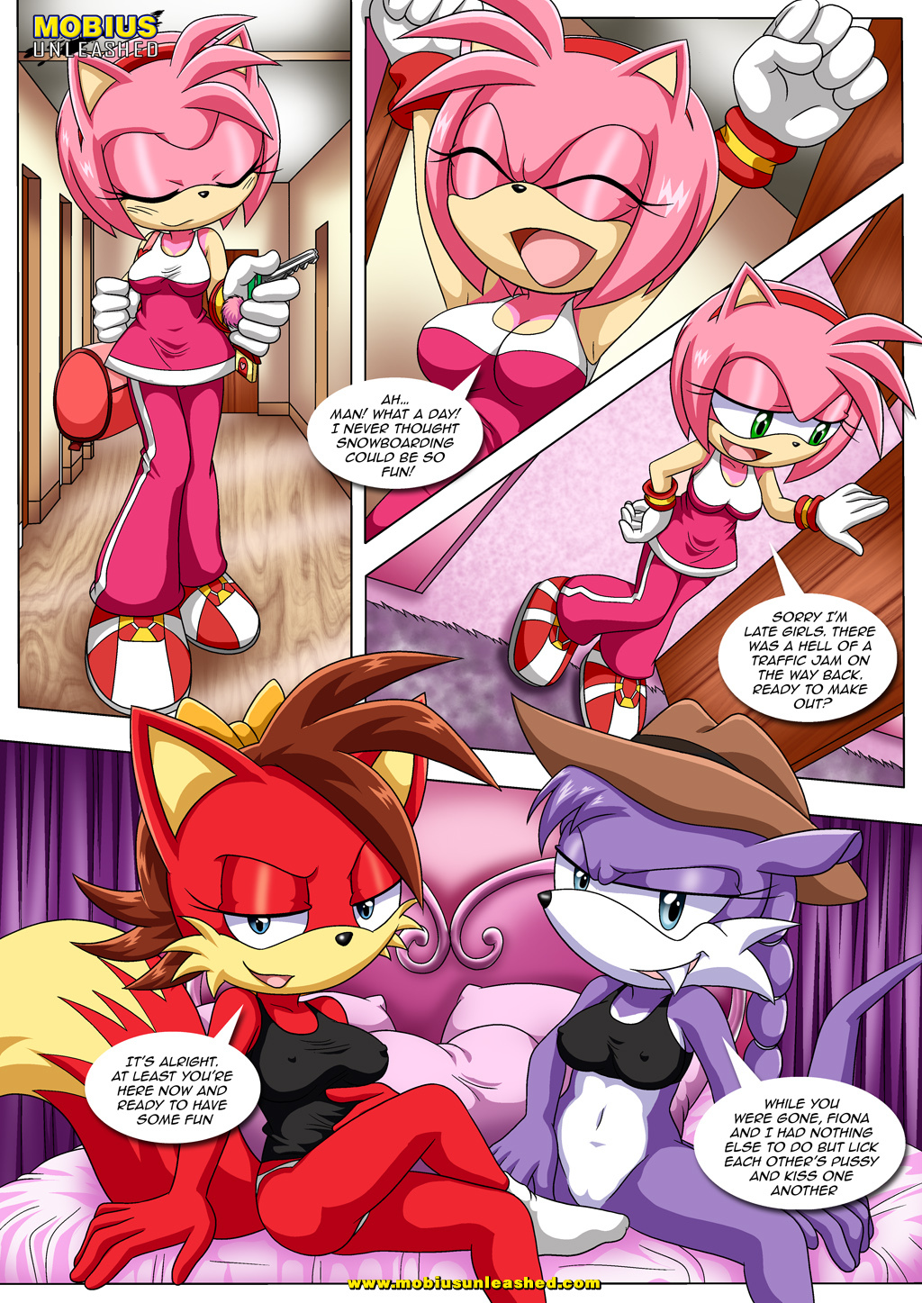 amy_rose bbmbbf bed bottomless butt clothed clothing comic female female/female fiona_fox mobius_unleashed nic_the_weasel palcomix panties sonic_(series) text underwear