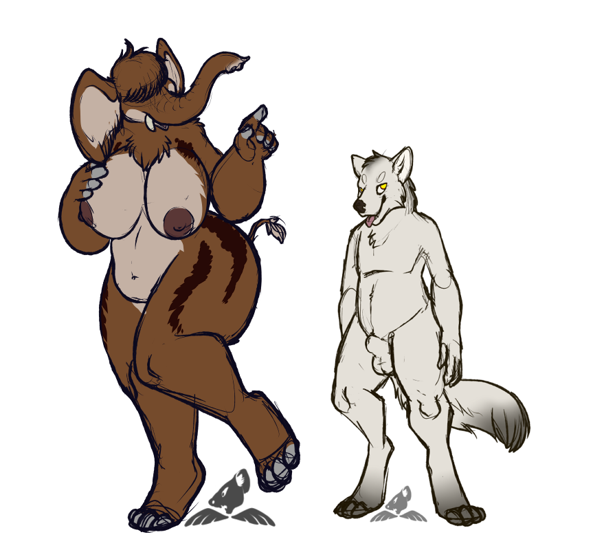 alpha_channel animal_genitalia balls big_balls big_breasts big_butt big_ears breasts butt chest_tuft dire_wolf female invalid_tag magpiehyena male mammoth nipples nude sheath simple_background size_difference sketch slightly_chubby tongue transparent_background trunk tuft tusks yellow_eyes