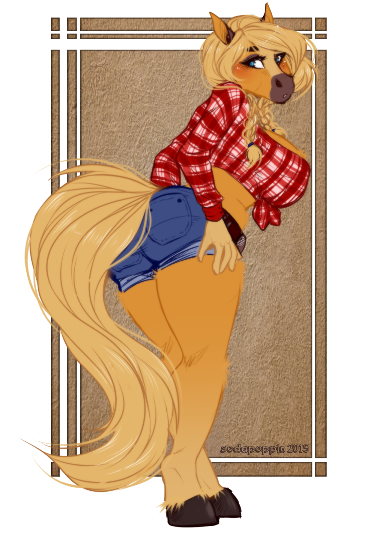 2015 5_fingers alpha_channel anthro bent_over big_breasts big_butt blonde_hair blue_eyes blush braided_hair breasts butt cleavage clothed clothing elaine equine female fur hair hands_on_hips horse long_hair looking_back mammal midriff simple_background skimpy sodapoppin solo standing thick_thighs transparent_background voluptuous