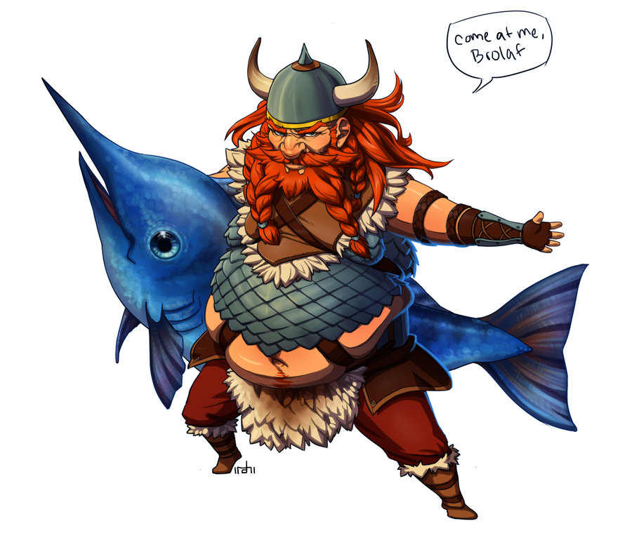 alternate_costume armor artist_name beard boots braided_beard deviantart_sample facial_hair fat fat_man fish full_body gragas helmet image_sample irahi league_of_legends long_hair male_focus orange_hair simple_background solo swordfish viking white_background