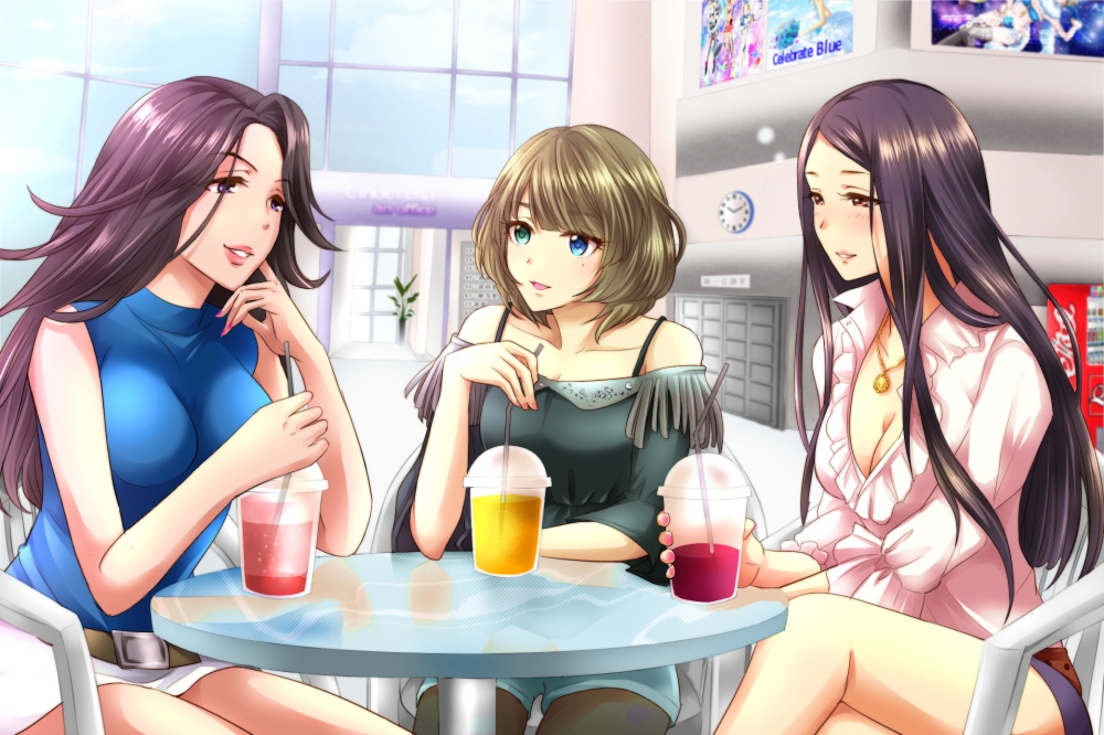 bangs belt black_hair blush breasts brown_hair cleavage clock crossed_legs drink drinking_straw heterochromia hiiragi_shino idolmaster idolmaster_cinderella_girls jewelry large_breasts legs lipstick long_hair makeup miniskirt mole mole_under_eye multiple_girls nail_polish necklace pantyhose popon_ta red_nails shirt skirt table takagaki_kaede takahashi_reiko thighs turtleneck white_shirt