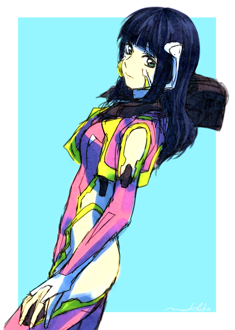 arm_cutout black_hair blue_background bodysuit grey_eyes hazama_shouko headgear hime_cut leg_cutout long_hair machi_fuka pilot_suit pink_bodysuit side_cutout signature sketch solo soukyuu_no_fafner synergetic_suit