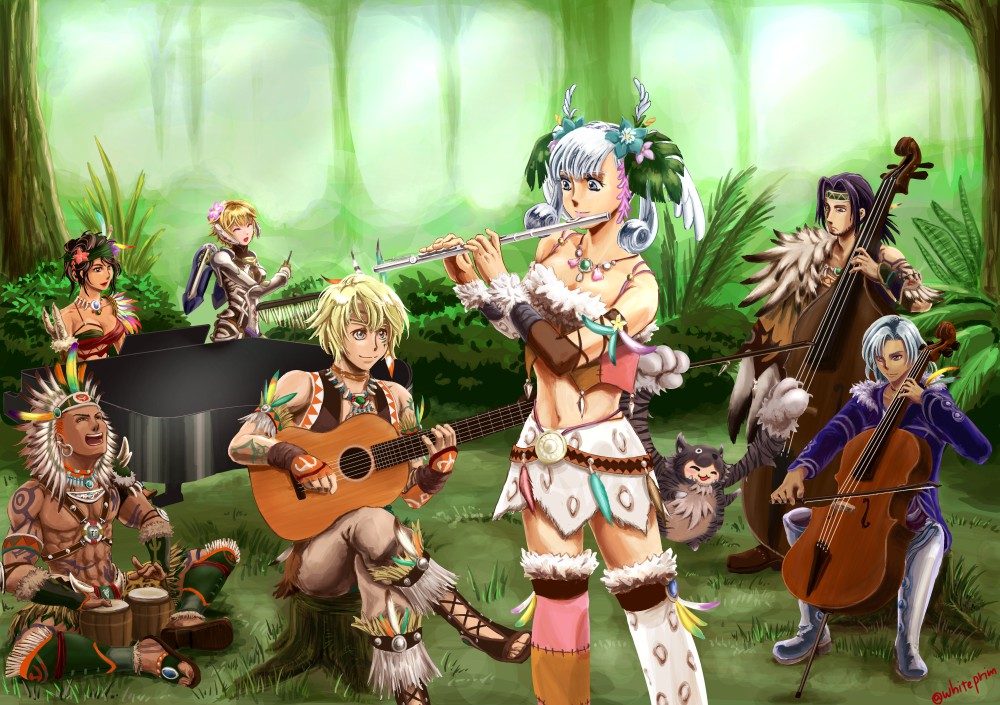 4boys alvis aqua_hair black_hair blonde_hair carna dunban fiorun flute guitar instrument melia multiple_boys multiple_girls piano rein_(xenoblade) riki_(xenoblade) shulk tattoo violin violin_bow xenoblade_(series) xenoblade_1