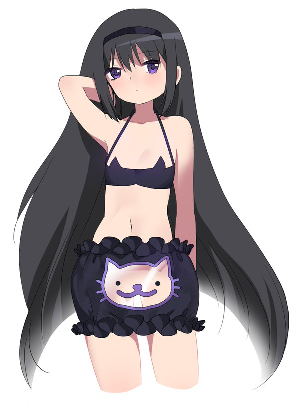 akemi_homura arm_behind_head bad_id bad_pixiv_id black_hair black_hairband cat_cutout cat_cutout_panties cat_lingerie cropped_legs crotch_cutout hairband hand_in_hair long_hair looking_at_viewer mahou_shoujo_madoka_magica matsuki_ringo meme_attire navel pose purple_eyes solo very_long_hair wardrobe_error you're_doing_it_wrong