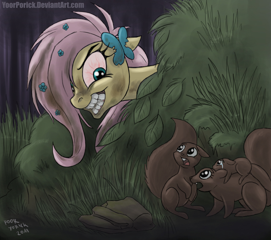 2011 bloodshot_eyes bush crying equine female feral fluttershy_(mlp) friendship_is_magic fur grass green_eyes group hair insane jewelry mammal my_little_pony outside pegasus pink_hair poor_yorick rodent scared squirrel tears wings yellow_fur yoorporick