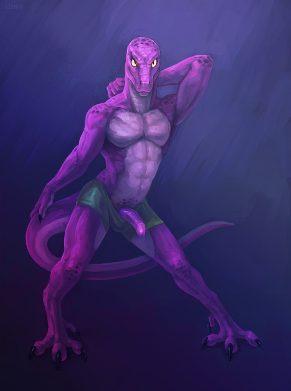 abs anthro athletic claws erection humanoid_penis klongi lizard looking_at_viewer male muscular muscular_male nude pecs penis pink_scales pose reptile scales scalie simple_background solo yellow_eyes