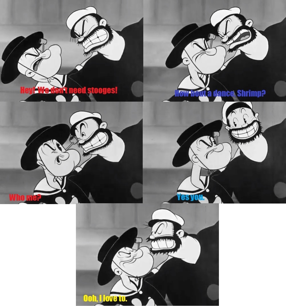 1930s animated black_and_white bluto cartoon chat clothing english_text human humor king_features_syndicate mammal monochrome popeye text unknown_artist