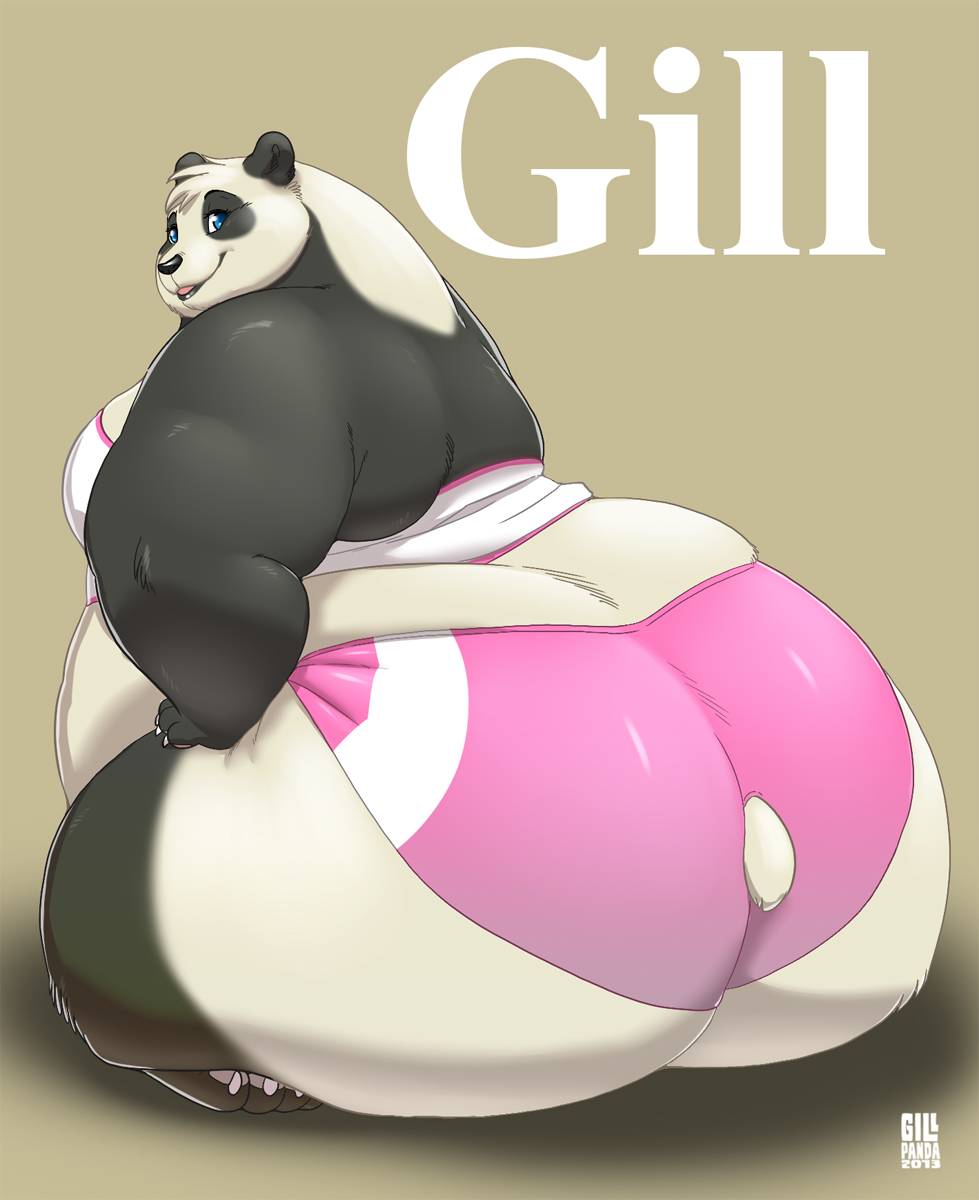 anthro bear big_butt blue_eyes bra breasts butt clothing female gillpanda huge_butt looking_at_viewer mammal obese overweight panda panties paws sitting smile solo underwear