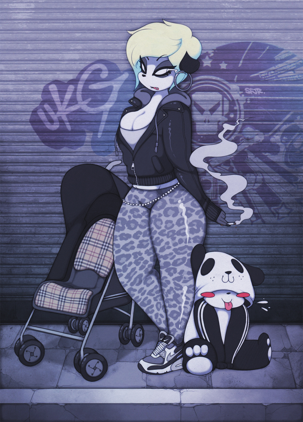 anthro bear big_breasts blonde_hair breasts chav cleavage clothed clothing detailed_background footwear ghetto graffiti hair hoodie jacket leather leather_jacket leggings legwear makeup mammal milo_paws mother nike onesie panda parent shoes slit_pupils smoke smoking smutbunny sol_paws thick_thighs urban yoga_pants