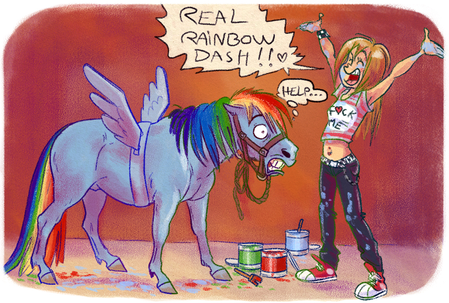 &lt;3 2011 abstract_background adlynh brush clothing costume english_text equine fake_wings female feral friendship_is_magic fur hair halter horse human mammal midriff multicolored_hair my_little_pony navel paint pony rainbow_dash_(mlp) rainbow_hair rope smile solo text
