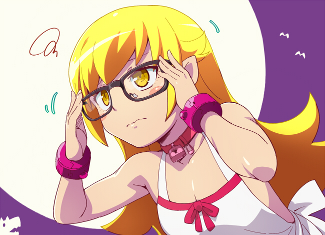 bare_shoulders bespectacled blonde_hair blush_stickers brown_eyes collar glasses hairu long_hair monogatari_(series) oshino_shinobu pointy_ears solo yellow_eyes