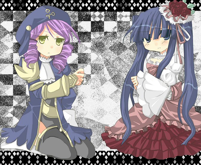 blue_eyes blue_hair board_game bow chess dlanor_a_knox dress drill_hair eiserne_jungfrau furudo_erika purple_hair sitting twintails umineko_no_naku_koro_ni uniform yellow_eyes