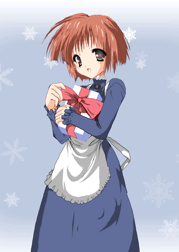 apron artist_request black_eyes brown_hair chocolate dress elli gift harvest_moon open_mouth short_hair snowflakes solo source_request