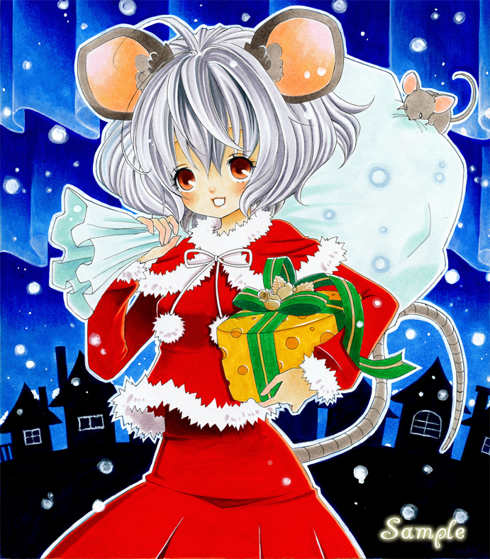 animal_ears ayuayu bad_id bad_pixiv_id grey_hair marker_(medium) mouse_ears mouse_tail nazrin red_eyes sample santa_costume short_hair solo tail touhou traditional_media