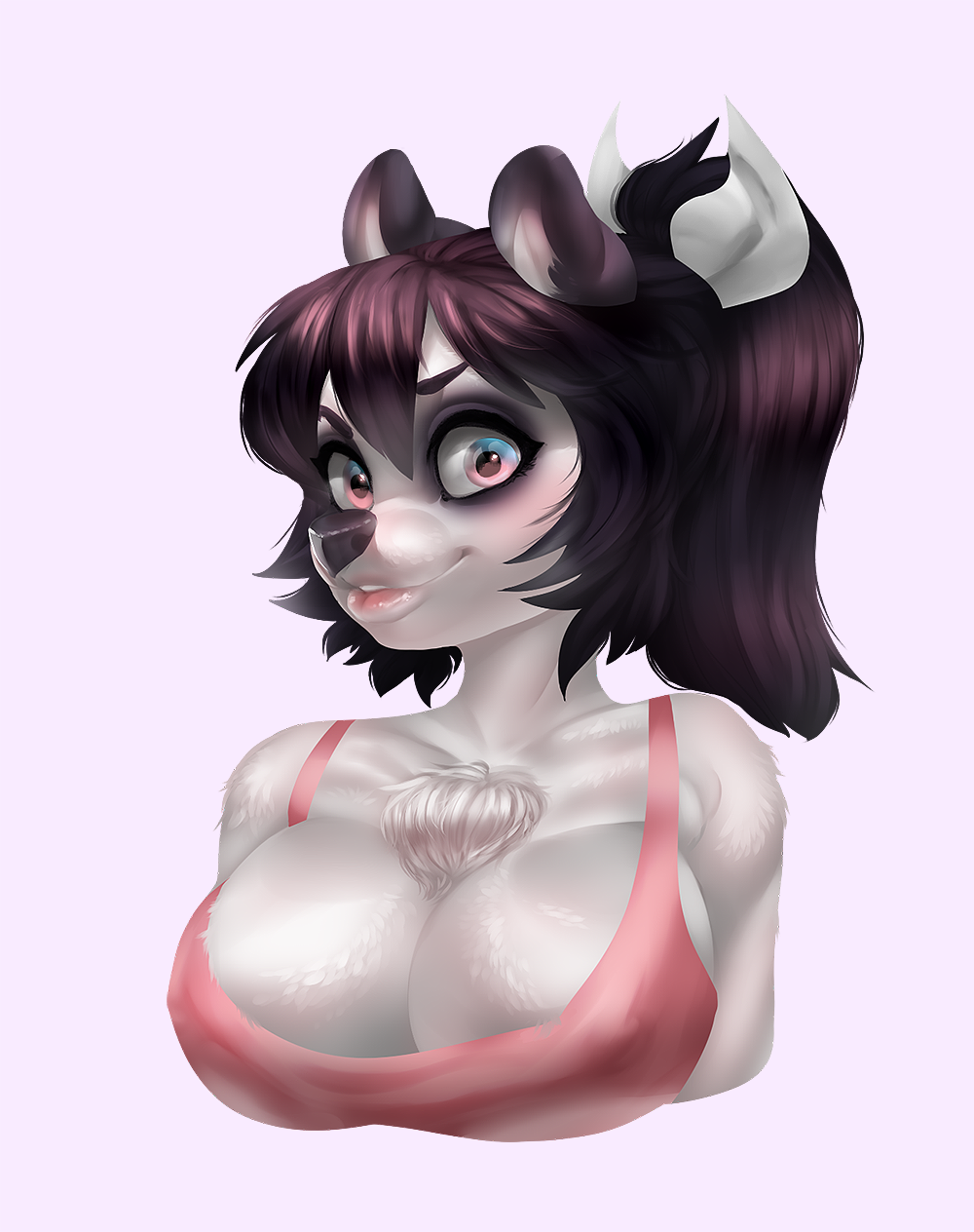 anthro bear big_breasts breasts cleavage clothed clothing cute female fur hair higgyy looking_at_viewer makeup mammal panda ponytail shirt smile solo tank_top white_fur